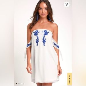 Crysta White Embroidered Off-the-Shoulder Mini Dress White with blue embroidery